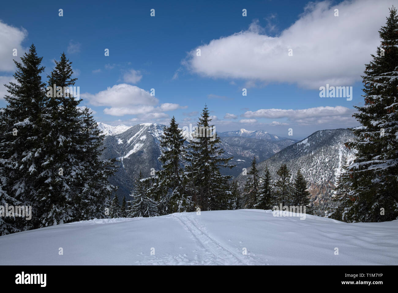 Les pistes de ski et de raquette de neige en face de Karwendel, Tyrol, Autriche Banque D'Images