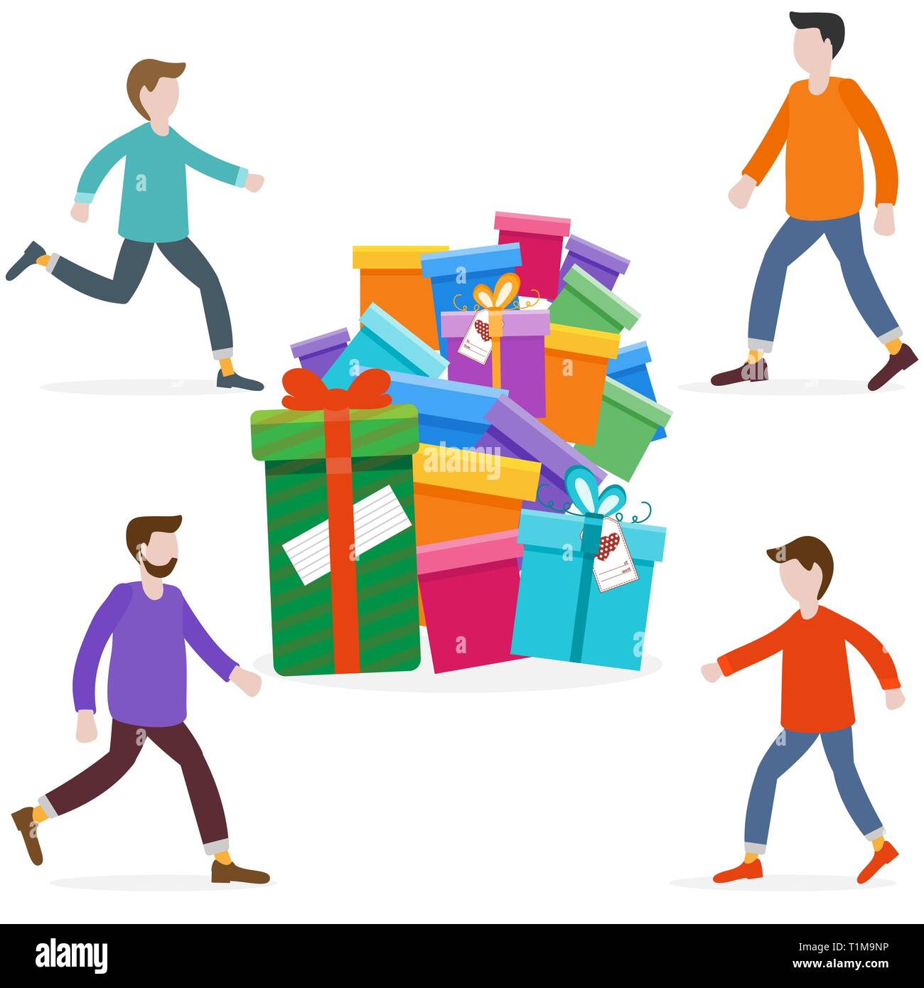 Les hommes se précipiter pour la vente d'un lot de cadeaux. Shopping les hommes. Grosse vente. Vendredi noir. Offre spéciale. Concept design pour la bannière, le matériel promotionnel, l'impression. Illustration de Vecteur