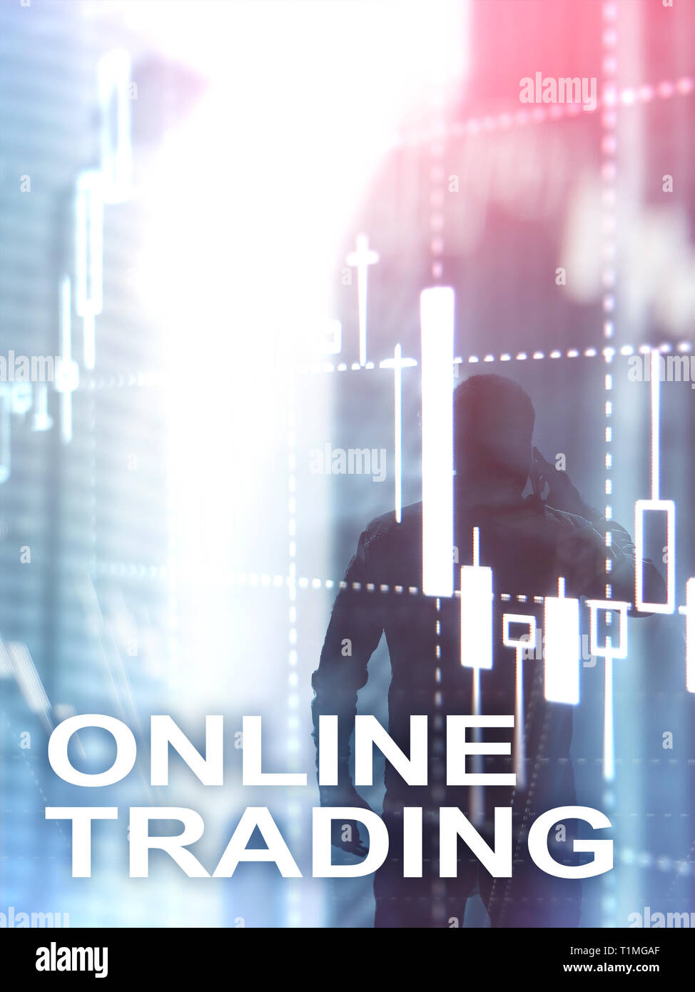 Le trading en ligne, FOREX, investissement concept sur l'arrière-plan flou centre d'affaires. Résumé de couverture format vertical. Banque D'Images