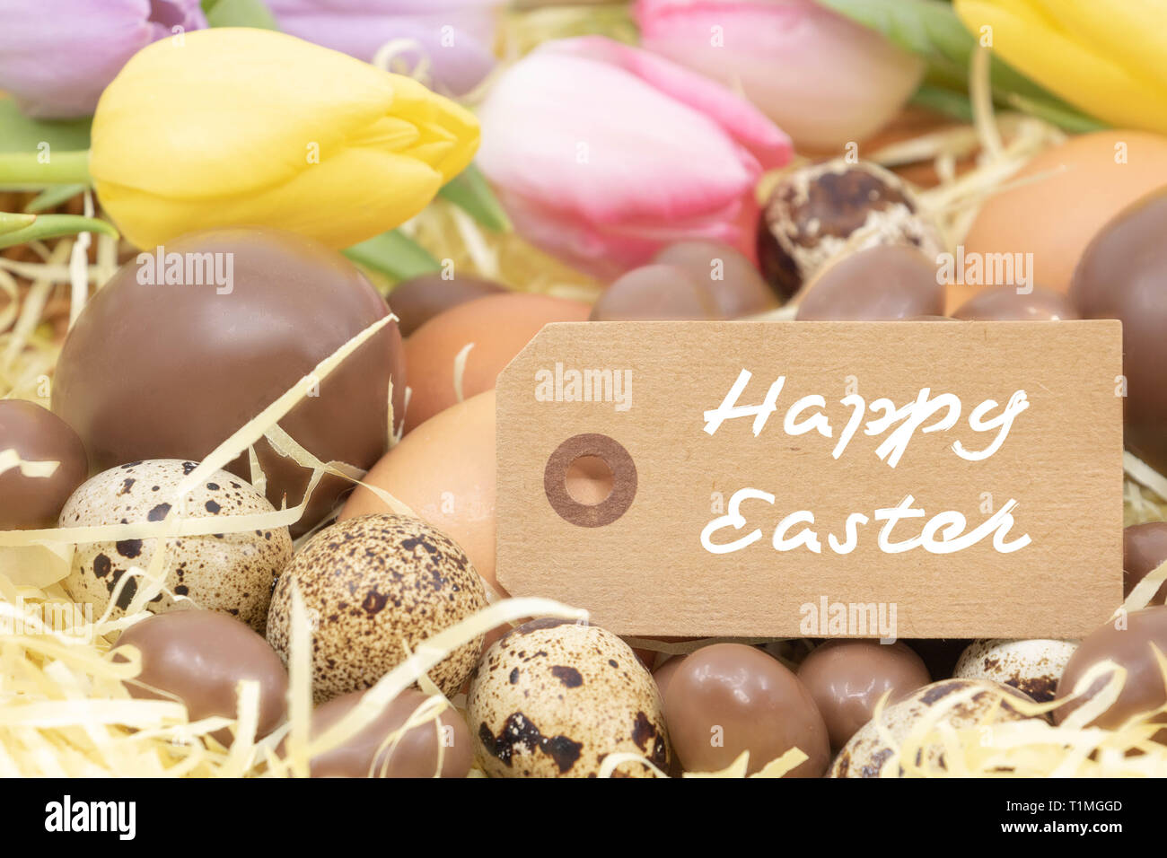 Texte en français Joyeuses Pâques sur une étiquette entouré par des œufs en chocolat, les oeufs de poule et oeufs de cailles et de tulipes Banque D'Images
