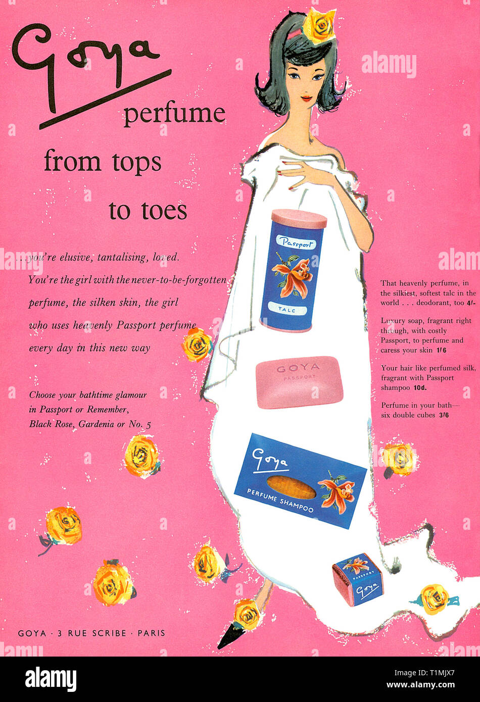 1960 La publicité pour les parfums de toilette. Passeport Goya Photo Stock  - Alamy