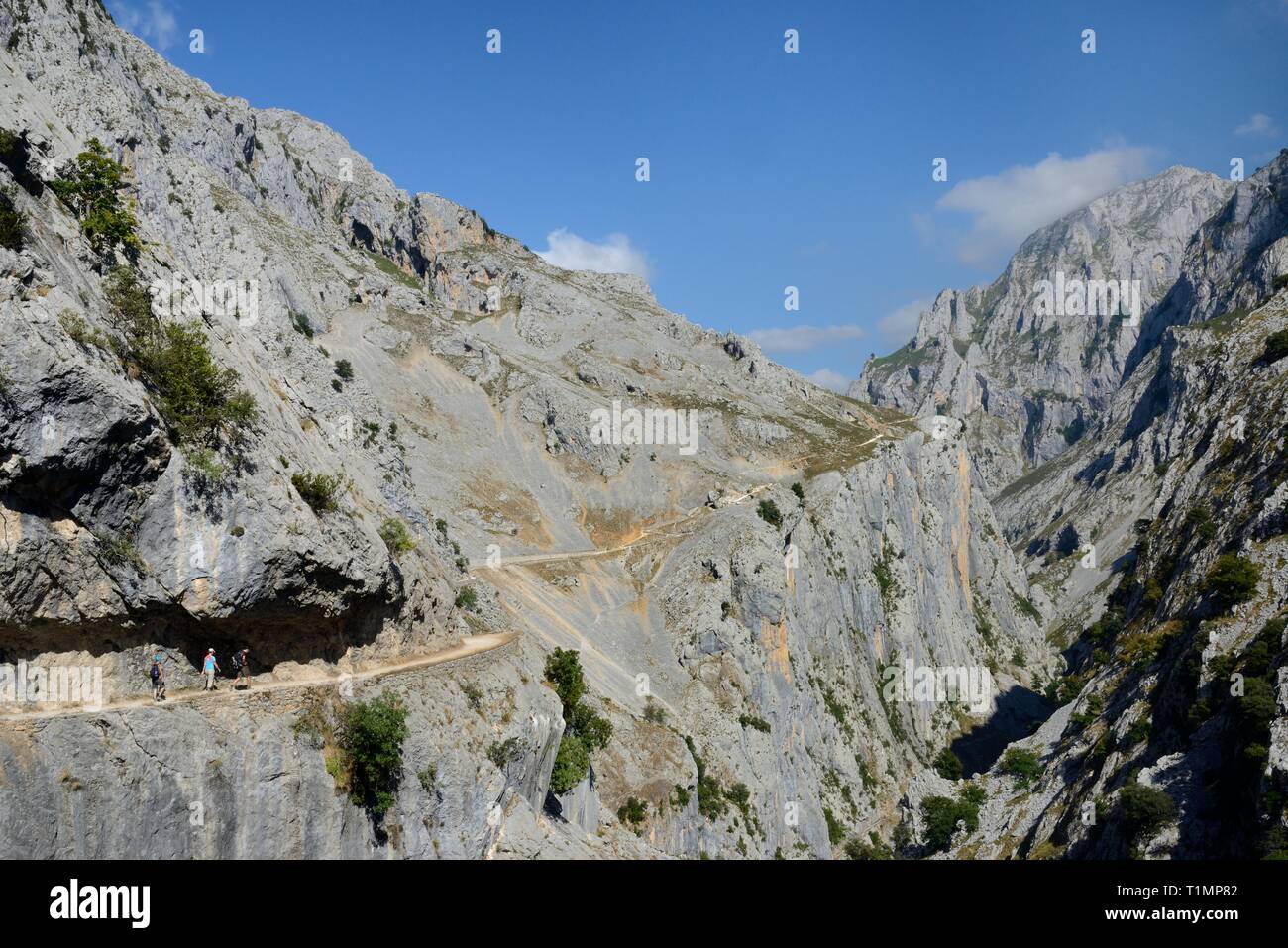 Trois randonneurs sur les gorges de Cares trail, des pics d''Europe, les Asturies, Espagne, août 2016. Banque D'Images