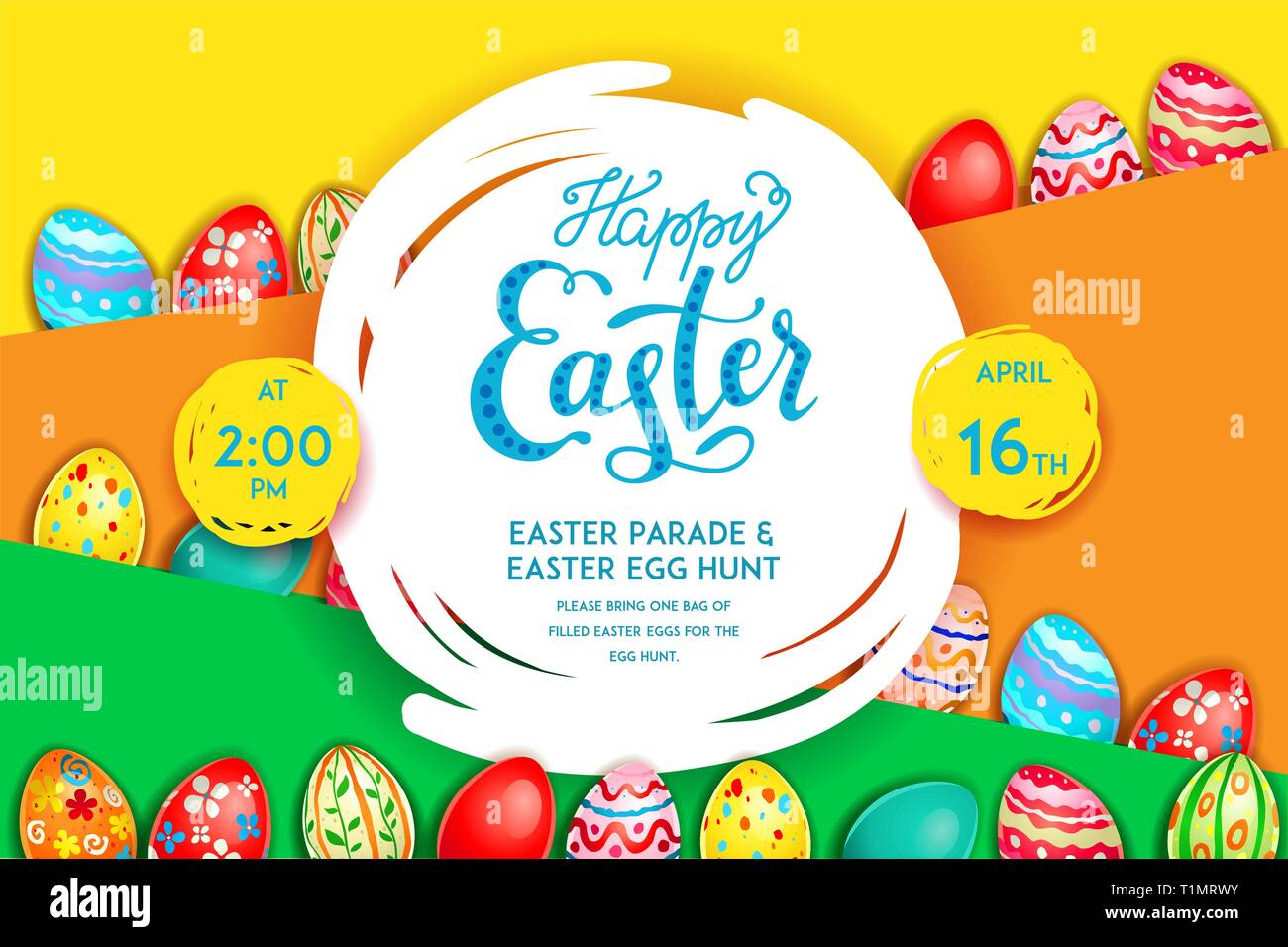 Oeufs de Pâques affiche jaune vif. Vacances de Pâques, modèle de conception carte, bannière, billet, dépliant, affiche et ainsi de suite. Joyeuses Pâques de l'affiche. Illustration de Vecteur