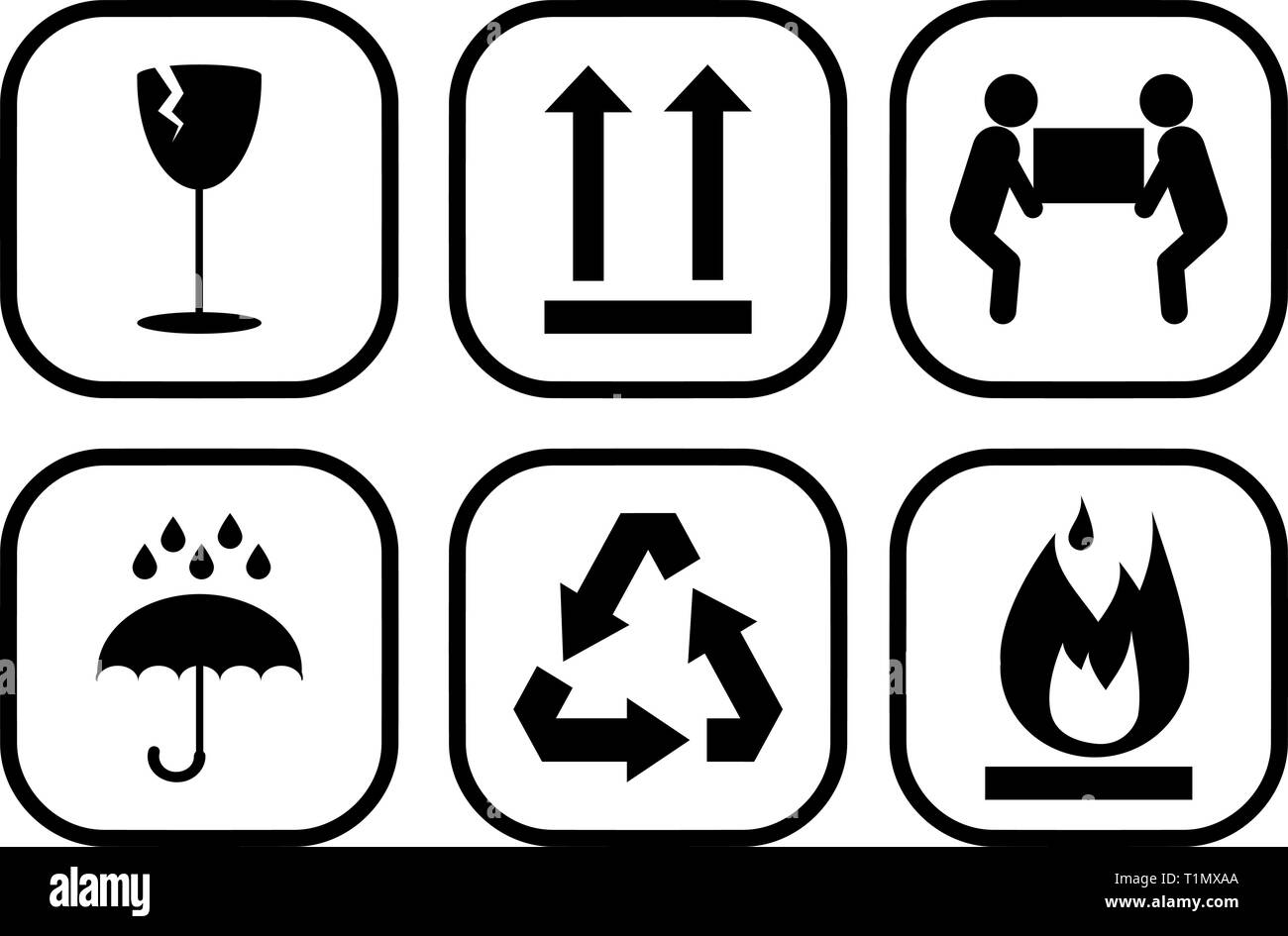 Vecteur de symboles d'emballage inflammable, fragile, lourd, recycler, garder au sec et de ce côté-ci des icônes Illustration de Vecteur