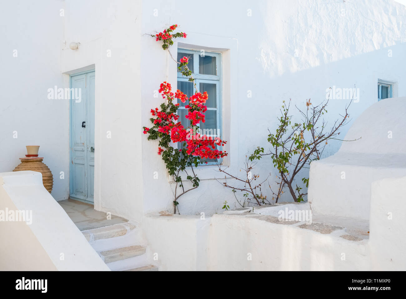 Façade de maison blanc bleu avec porte, fenêtre et de belles fleurs dans la ville de Naoussa, l'île de Paros, Cyclades Banque D'Images