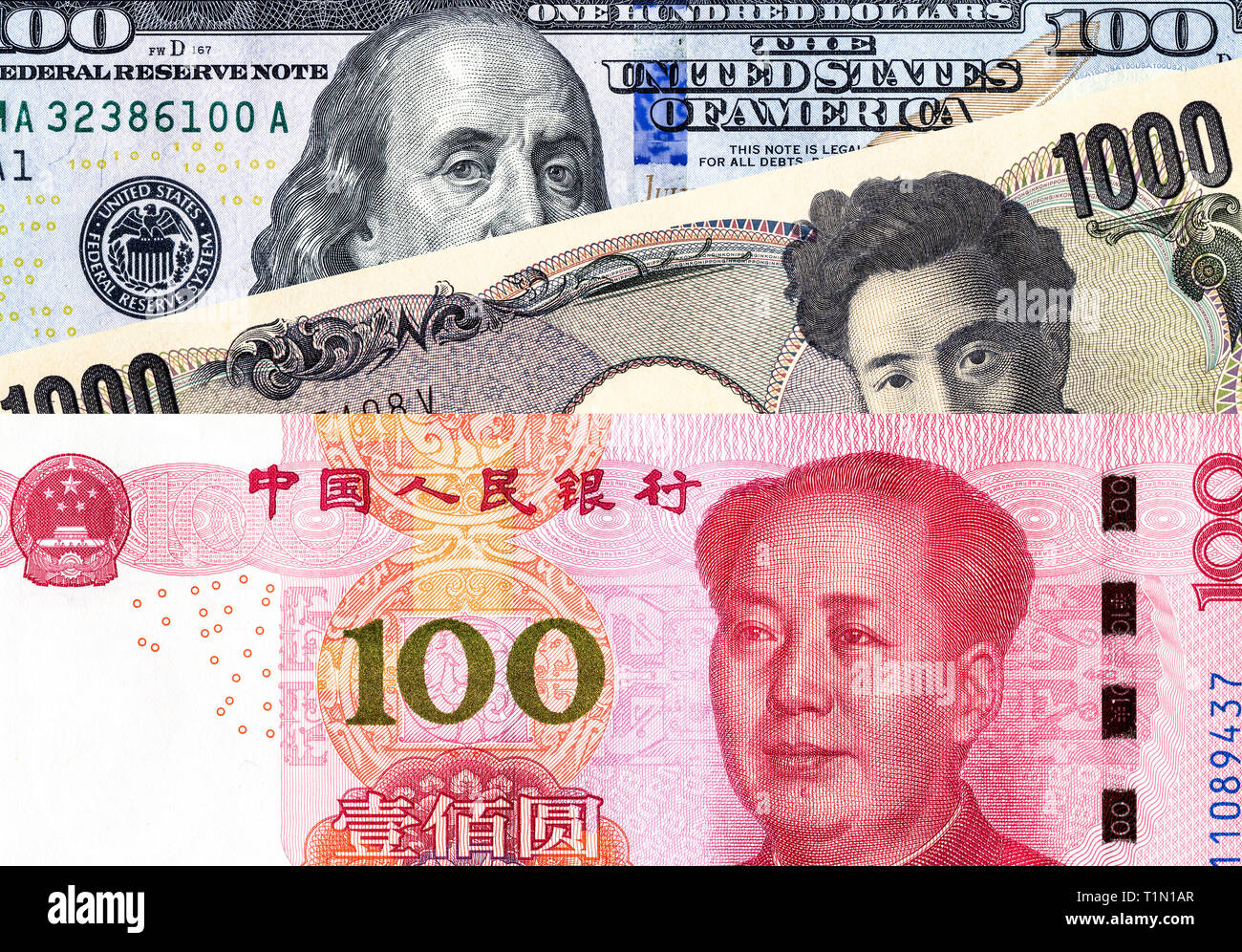 Yen japonais Dollar américain, billets et monnaie yuan chinois pour le commerce et le concept économique, fiscal, la bourse d'Asie Banque D'Images