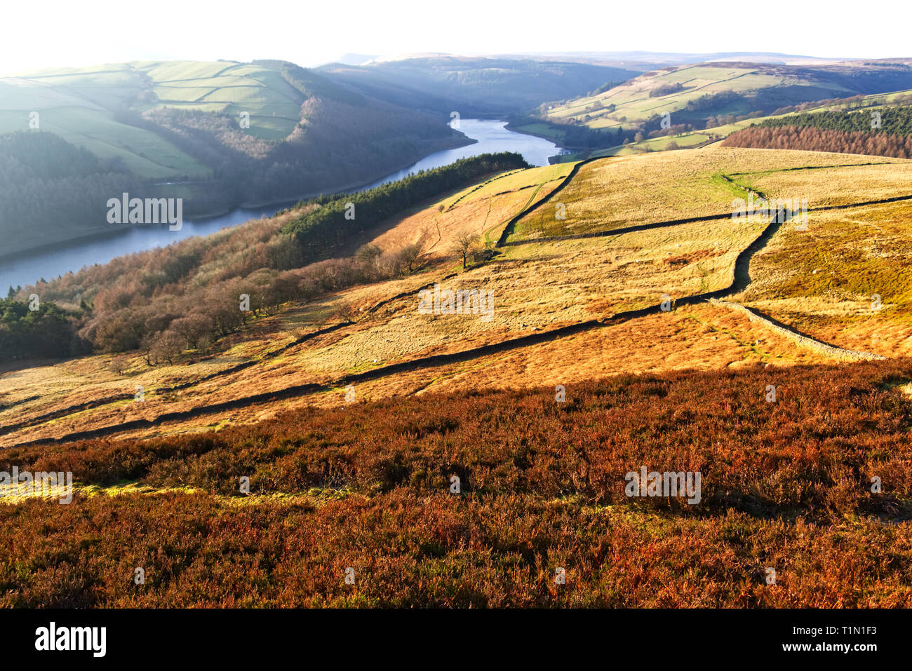 Vue sur Ladybower reservoir de Derwent Edge dans le Peak District anglais pris en fin de soirée Banque D'Images