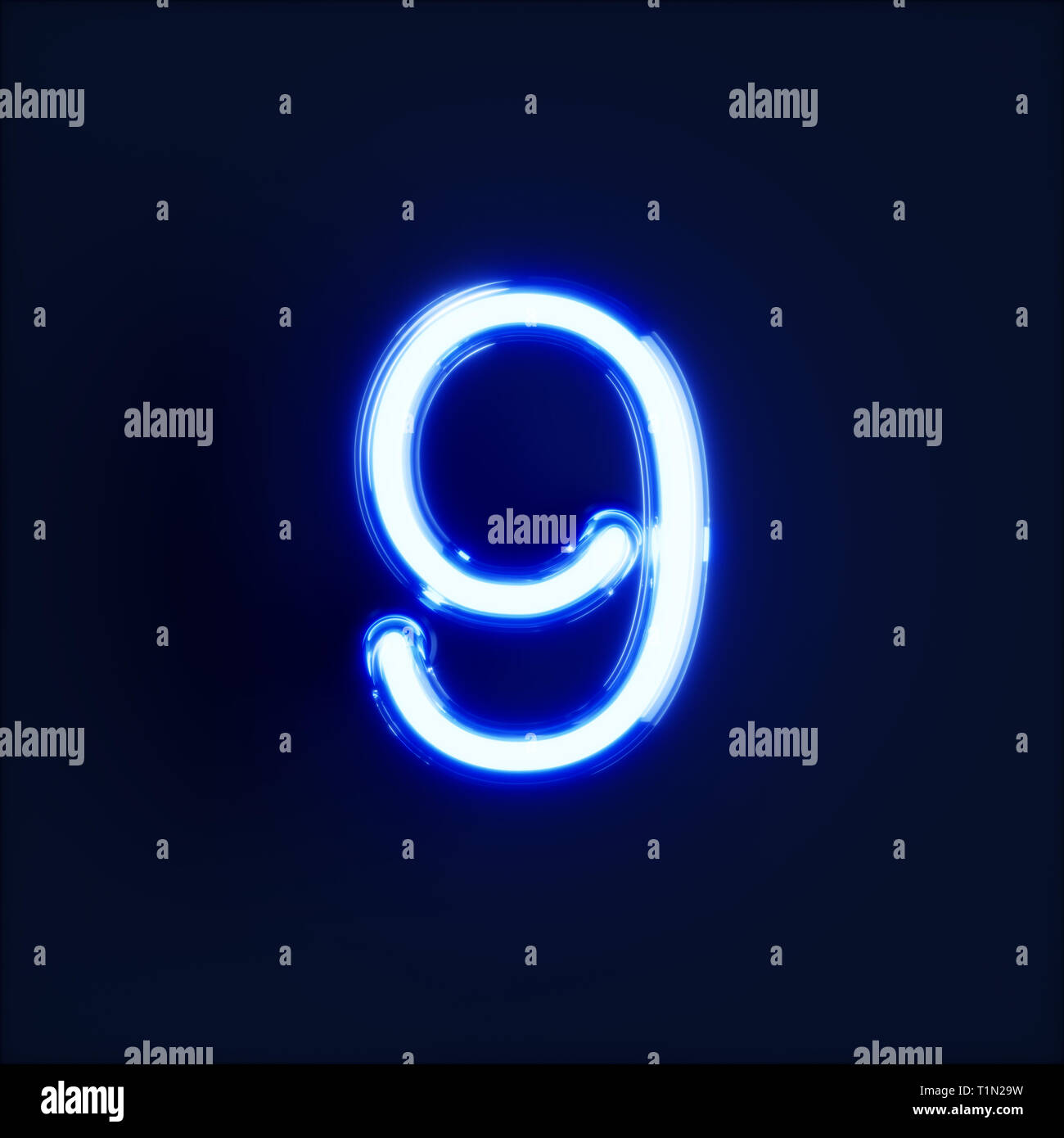 Neon light chiffres caractères alphabet 9 neuf font. Tube neon glow lettre effet sur fond bleu foncé. Le rendu 3D Banque D'Images