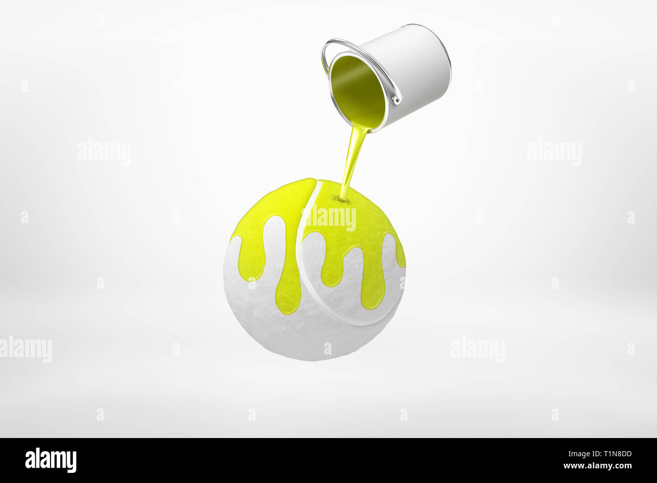 Le rendu 3D de la peinture peut se répandre sur la peinture jaune gris-balle de tennis dans les airs sur fond blanc. Banque D'Images