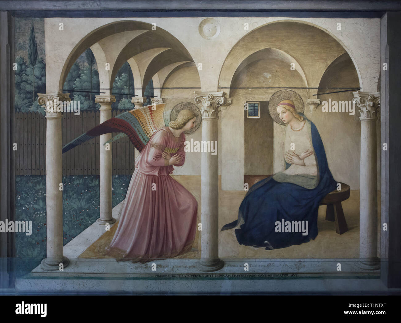 Fresco 'Annonciation' par début de la Renaissance italienne peintre Fra Angelico (1442-1443) dans le corridor nord dans le Couvent de San Marco (Convento di San Marco), maintenant le Musée San Marco (Museo Nazionale di San Marco), à Florence, Toscane, Italie. Banque D'Images