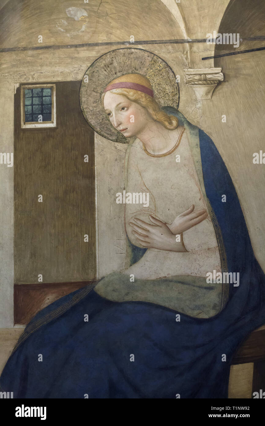 Vierge Marie représenté dans la fresque 'Annonciation' par début de la Renaissance italienne peintre Fra Angelico (1442-1443) dans le corridor nord dans le Couvent de San Marco (Convento di San Marco), maintenant le Musée San Marco (Museo Nazionale di San Marco), à Florence, Toscane, Italie. Banque D'Images