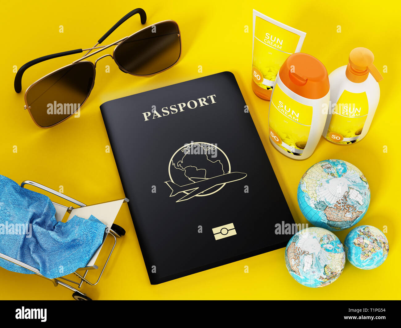 Passeport, lunettes de soleil, crème solaire, serviette et 3D illustration Banque D'Images