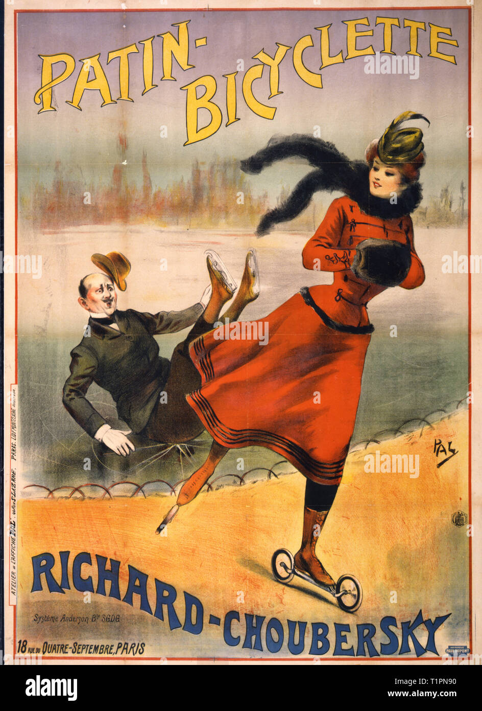 Patin-bicyclette -- Richard-Choubersky - Affiche montrant un homme sur des patins à glace tombé sur la glace sur un étang dans un parc et d'une femme sur le passé de patinage patins à roues sur une passerelle à côté de l'étang. Années 1890 Banque D'Images