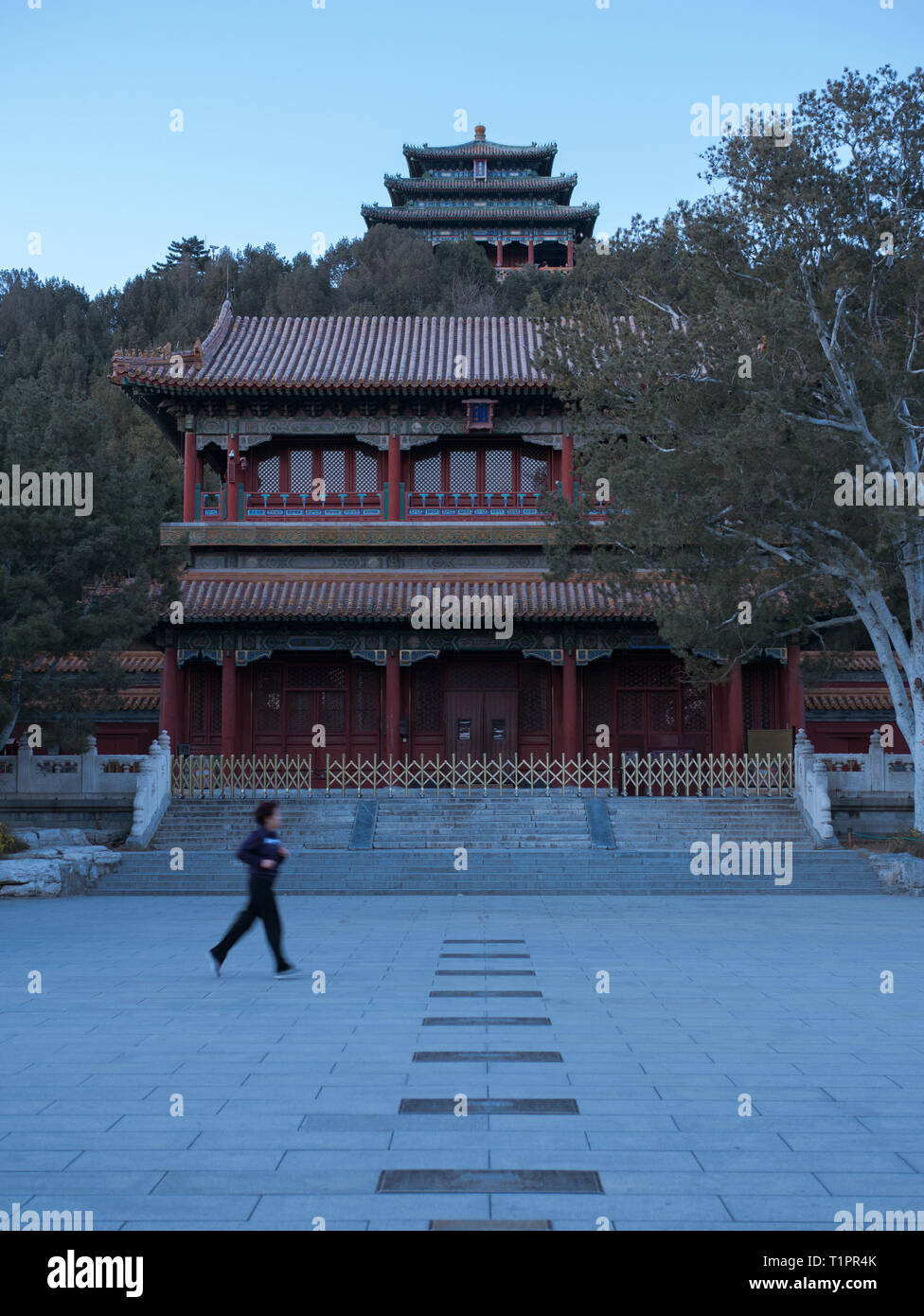 Femme en jogging tôt le matin frais au Parc Jingshan infront de pavillons chinois classique, Beijing, Chine Banque D'Images