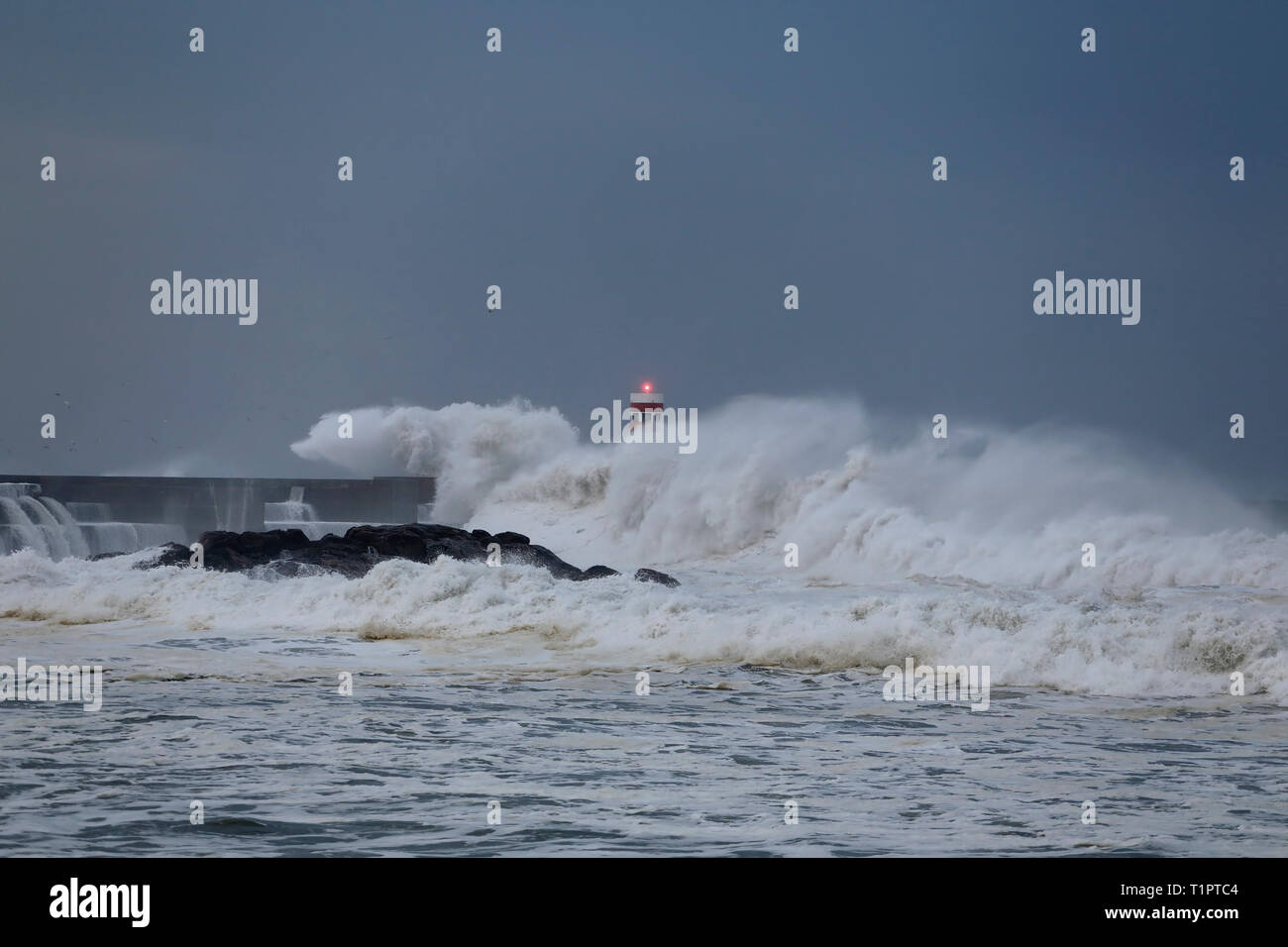 Seascape sombre au crépuscule avant la pluie et grosse tempête Banque D'Images