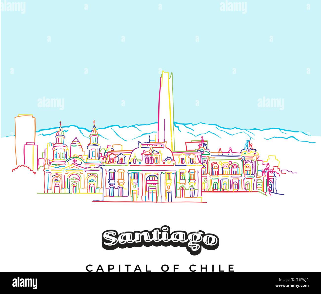 Santiago Chili architecture colorée line art, dessin vectoriel. Illustration de Vecteur