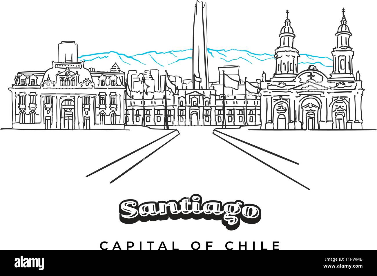 Santiago Chili panorama paysage avec montagnes. Les contours du dessin. Illustration de Vecteur