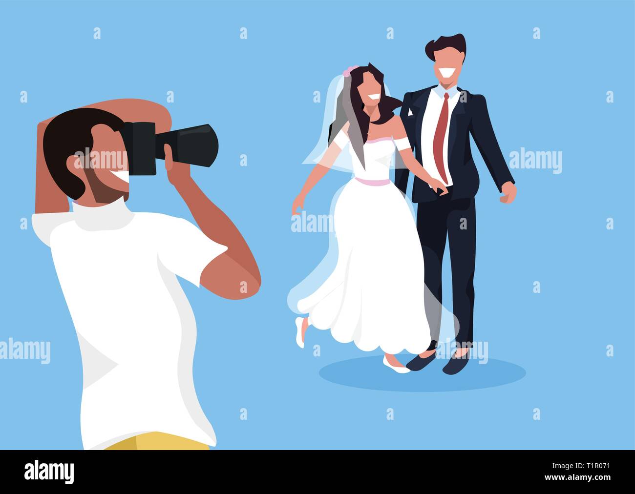 Photographe mariage tournage sur caméra homme femme couple de jeunes mariés posing together man taking professional photo flat horizontal Illustration de Vecteur