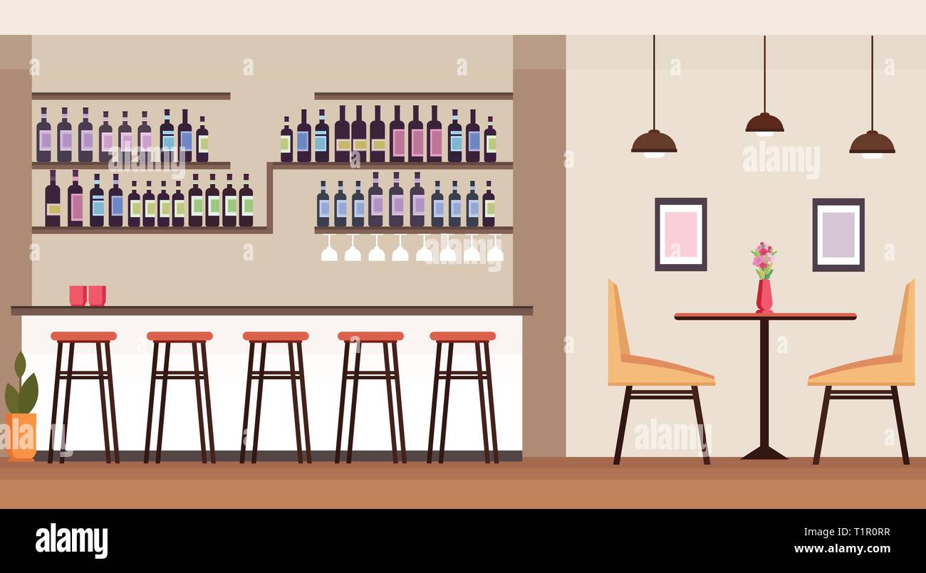 Bar à cocktails moderne avec des bouteilles d'alcool vide pas de personnes compteur intérieur restaurant table chaises hautes plate horizontale Illustration de Vecteur