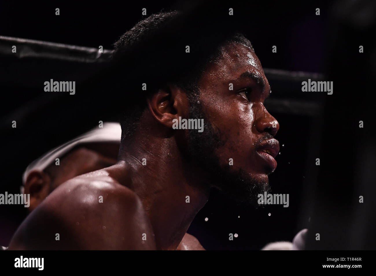 Oxon Hill, Maryland, USA. 24Th Mar, 2019. JAMONTAY CLARK à l'écoute de son entraîneur entre les tours de la super match mi-moyens à la RGM National Harbor à Oxon Hill, Maryland. Credit : Amy Sanderson/ZUMA/Alamy Fil Live News Banque D'Images