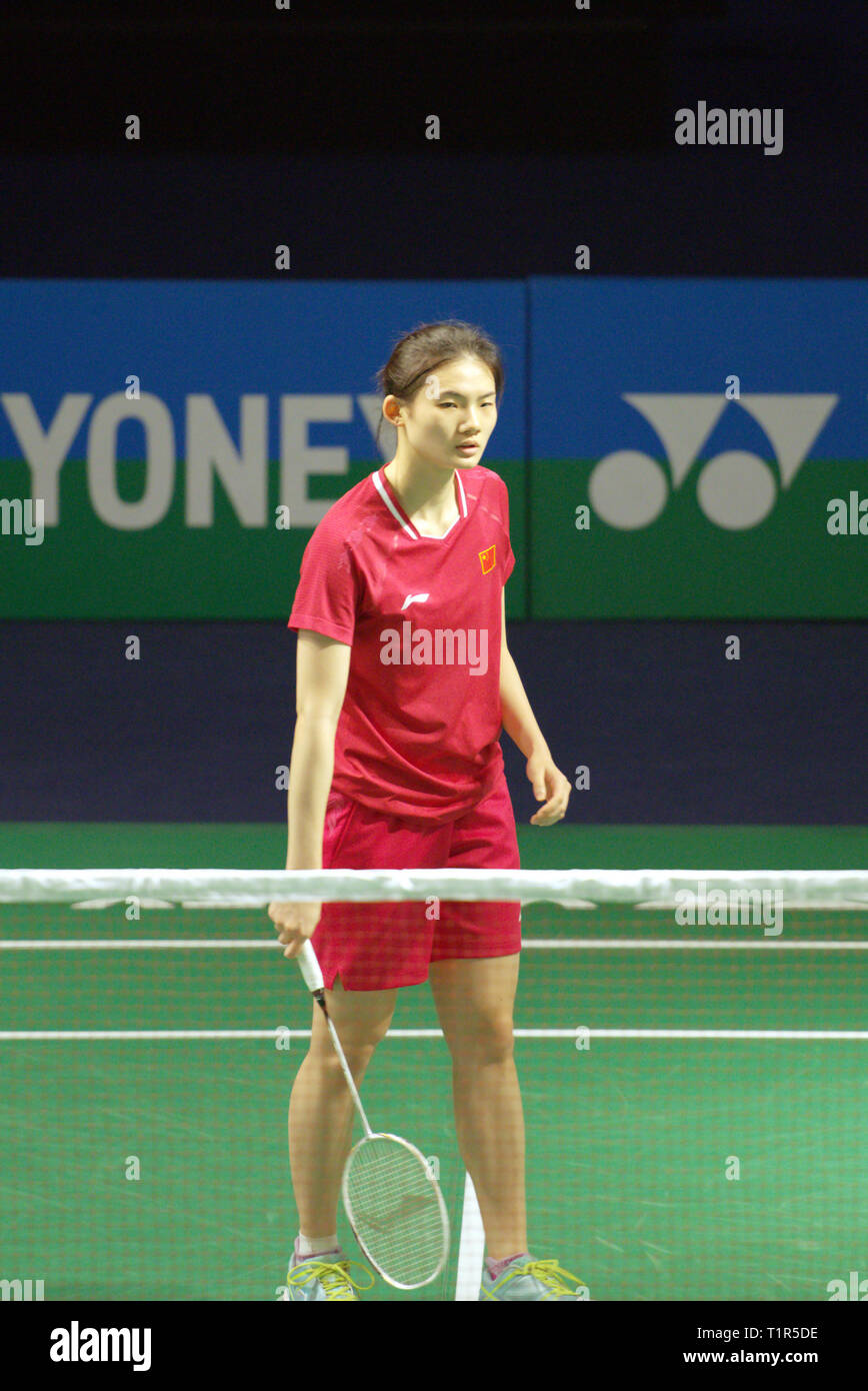 New Delhi, Inde. 27 mars 2019. Yue Han de Chine en action dans le premier tour de l'Inde 2019 Yonex Sunrise ouvert à New Delhi, Inde. Credit : Karunesh Johri/Alamy Live News Banque D'Images