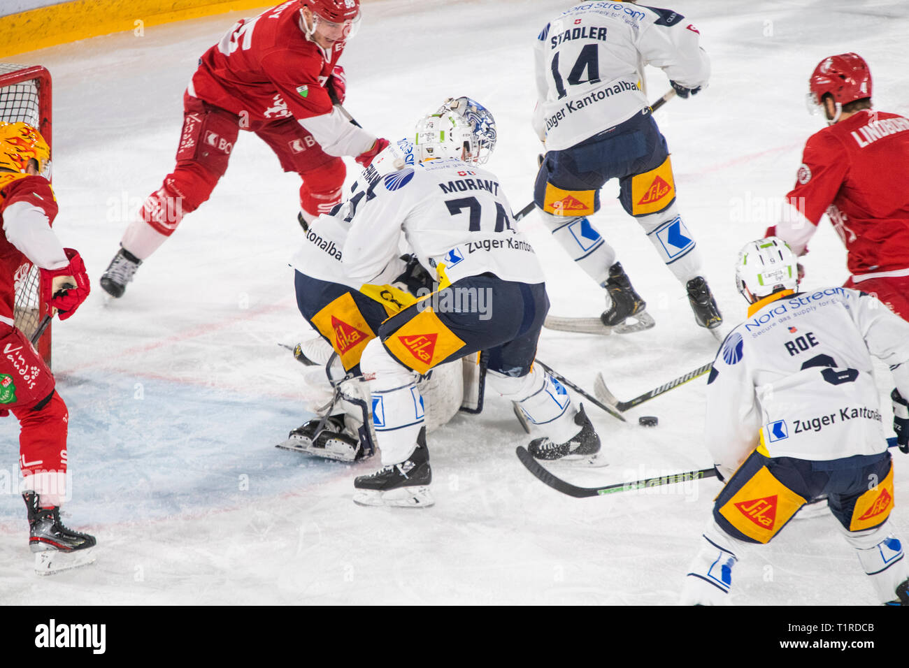 Lausanne, Suisse. 28 mars, 2019. LNA DE HOCKEY SUR GLACE SUISSE LAUSANNE HC VS EV Zug - Lausanne Hc Vs RV à Zoug Vaudoise Arena, Lausanne (séries éliminatoires, demi-finale l'acte II), 28-03-2019. Crédit : Eric Dubost/Alamy Live News Banque D'Images