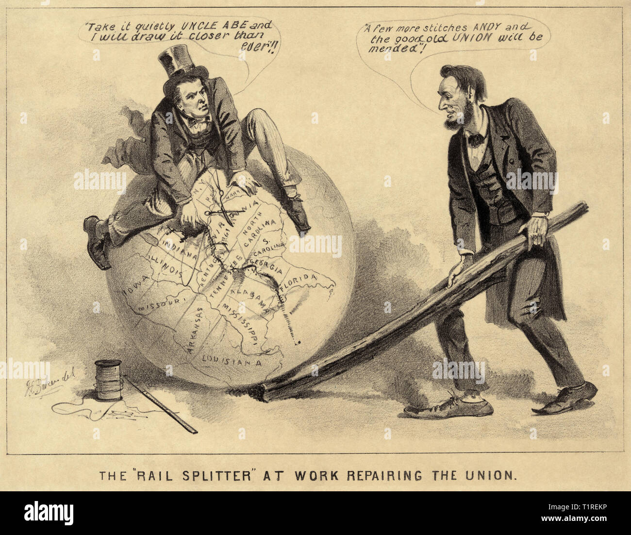 Le répartiteur ferroviaire, réparation du syndicat, caricature d'Andrew Johnson et d'Abraham Lincoln 1865 par Joseph E. Baker. Banque D'Images