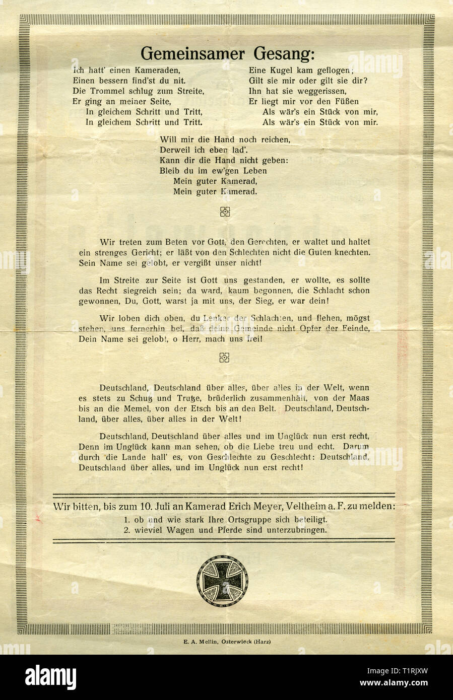 L'Allemagne, la Saxe-Anhalt, Osterwiek, Veltheim suis Fallstein, WW I, Der Stahlheim, Bund der Frontsoldaten, (le casque d'acier, Ligue des soldats avant), groupe local Veltheim a. F., invitation pour la Consécration du drapeau, sur 26. 07. En 1925, avec des paroles de chanson, 1 feuille, imprimé sur les deux pages, ici la page 2 de 2, dernière page, taille 21,3 cm x 30 cm. , Additional-Rights Clearance-Info-Not-Available- Banque D'Images