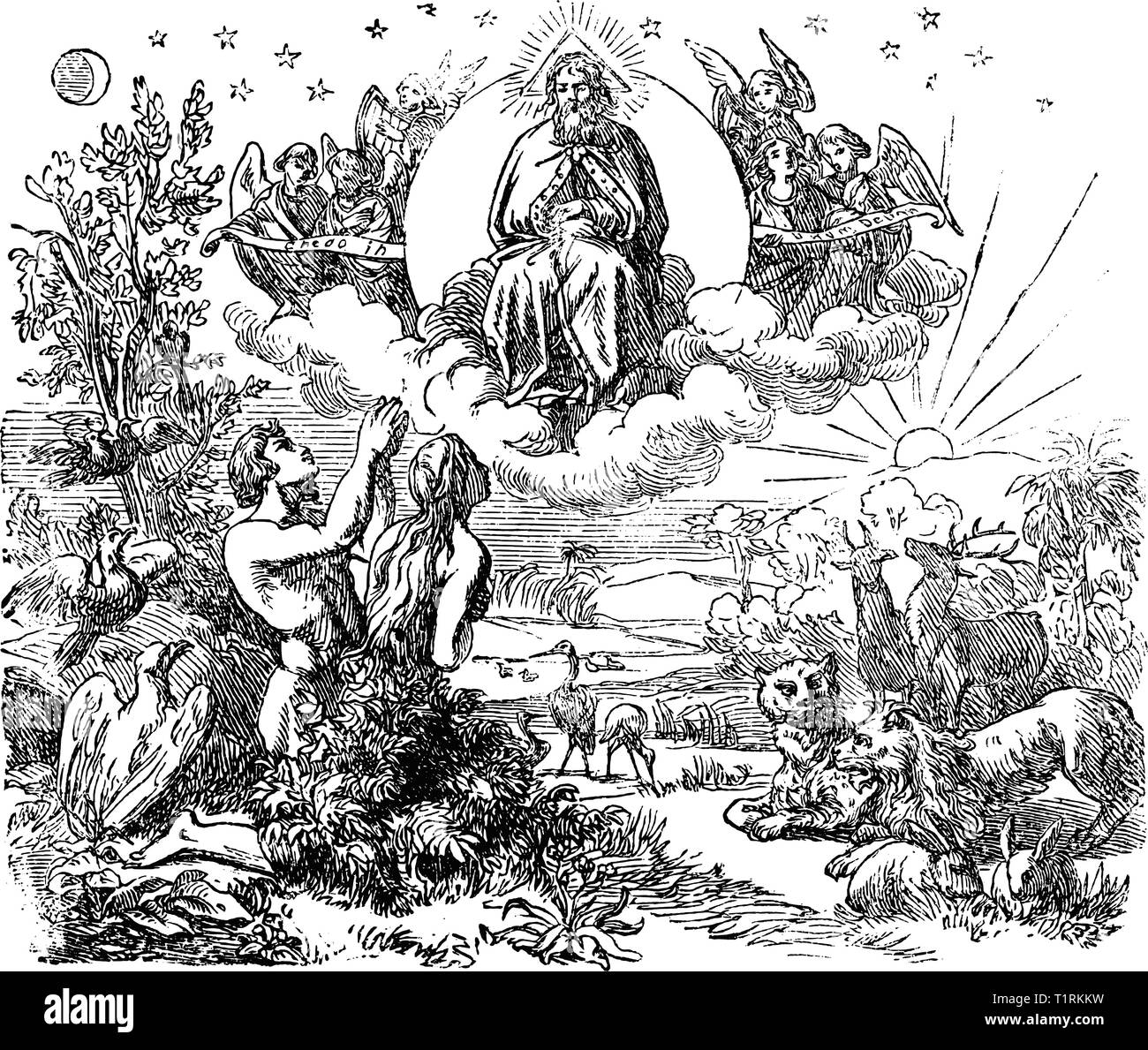 Antique Vintage illustration et dessin ou gravure du Dieu biblique et anges volant au-dessus des animaux et de l'Adam et Eve dans le jardin d'Eden après la création du monde.Genèse 1-2. Illustration de Vecteur