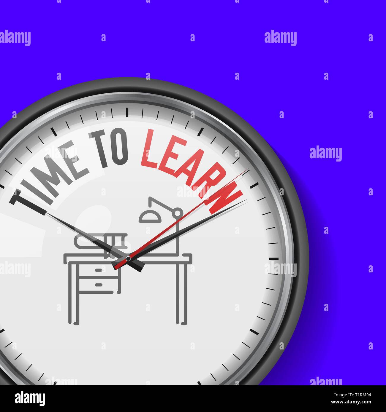Le temps d'apprendre. Blanc horloge avec slogan de motivation. Metal analogique Watch avec le verre. 24, l'icône du milieu de travail Illustration de Vecteur