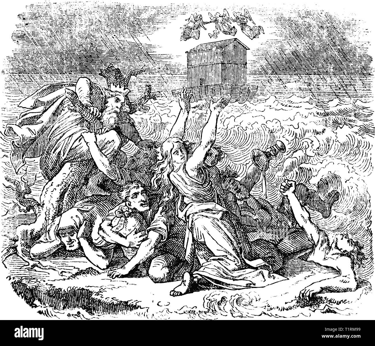 Antique Vintage illustration et dessin ou gravure de l'arc de Noé biblique flottant sur l'eau pendant l'inondation Genèse tandis que les pécheurs sont confrontés à la noyade. Genèse 6:9-9:17. Illustration de Vecteur