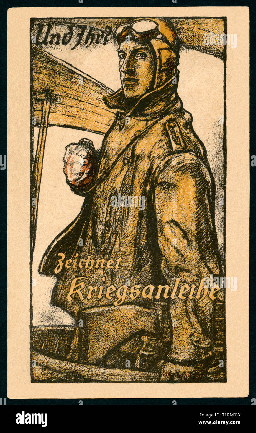 Germany, Bavaria, Munich, LA PREMIÈRE GUERRE MONDIALE, la propagande patriotique, carte postale avec le texte : "Et vous ? Emprunts de guerre signe ' et un pilote de la Force aérienne de l'Allemagne, l'artiste Fritz Erler (1868-1940), publié par Kunst-Institute AG, Berlin-Schönefeld. , Additional-Rights Clearance-Info-Not-Available- Banque D'Images