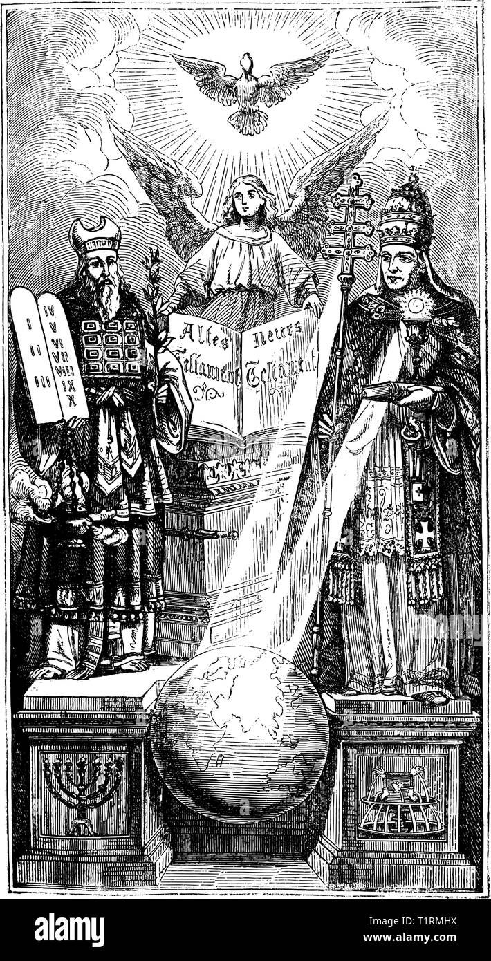Antique Vintage illustration métaphorique et dessin ou gravure de Moïse biblique tenant des tablettes de pierre avec dix commandements, Angel holding bible livre représentant le pape et avec le personnel. Illustration de Vecteur