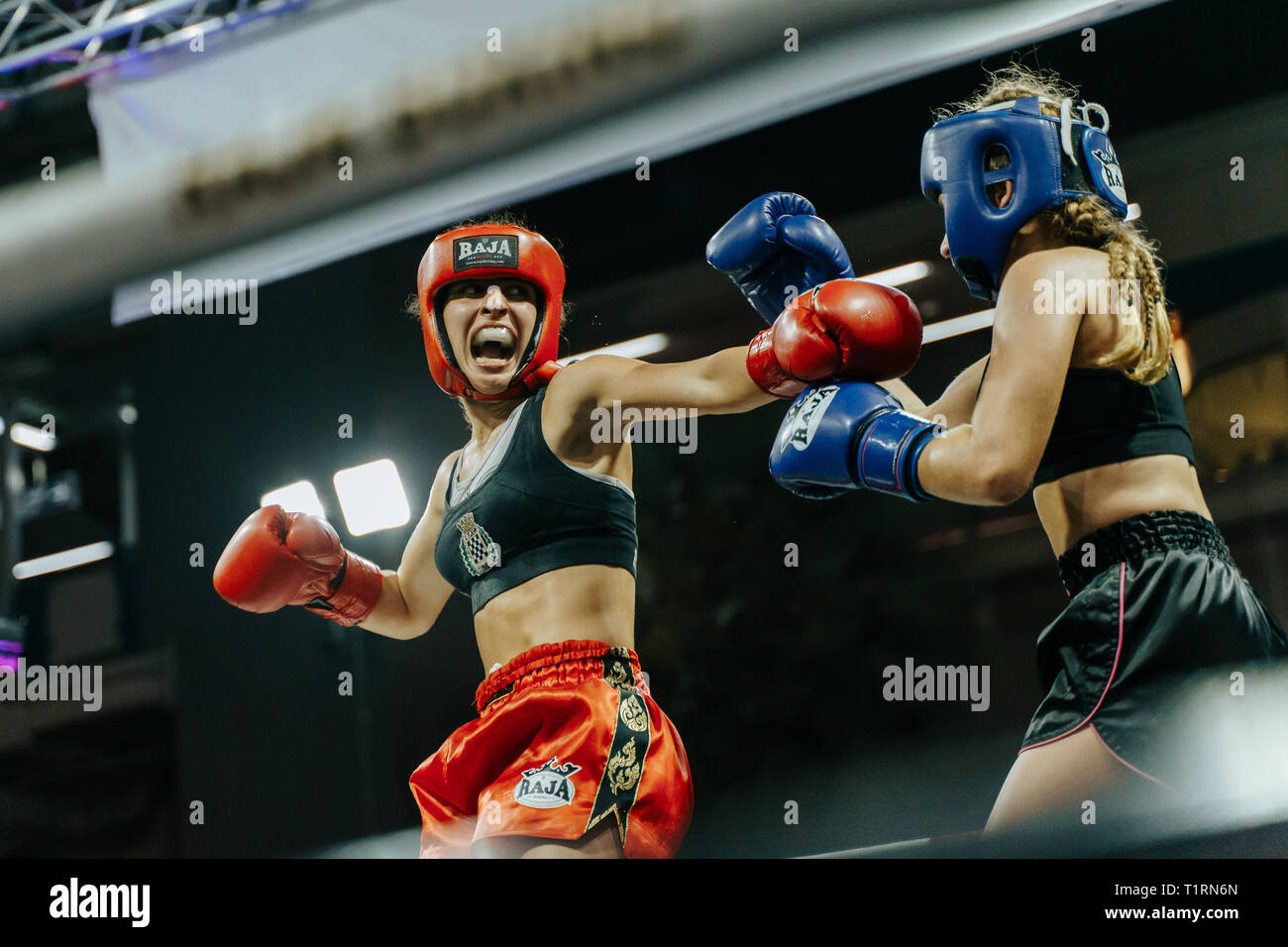 Deux femmes-muay thai fighters pendant une compétition à Bangkok, Thaïlande Banque D'Images