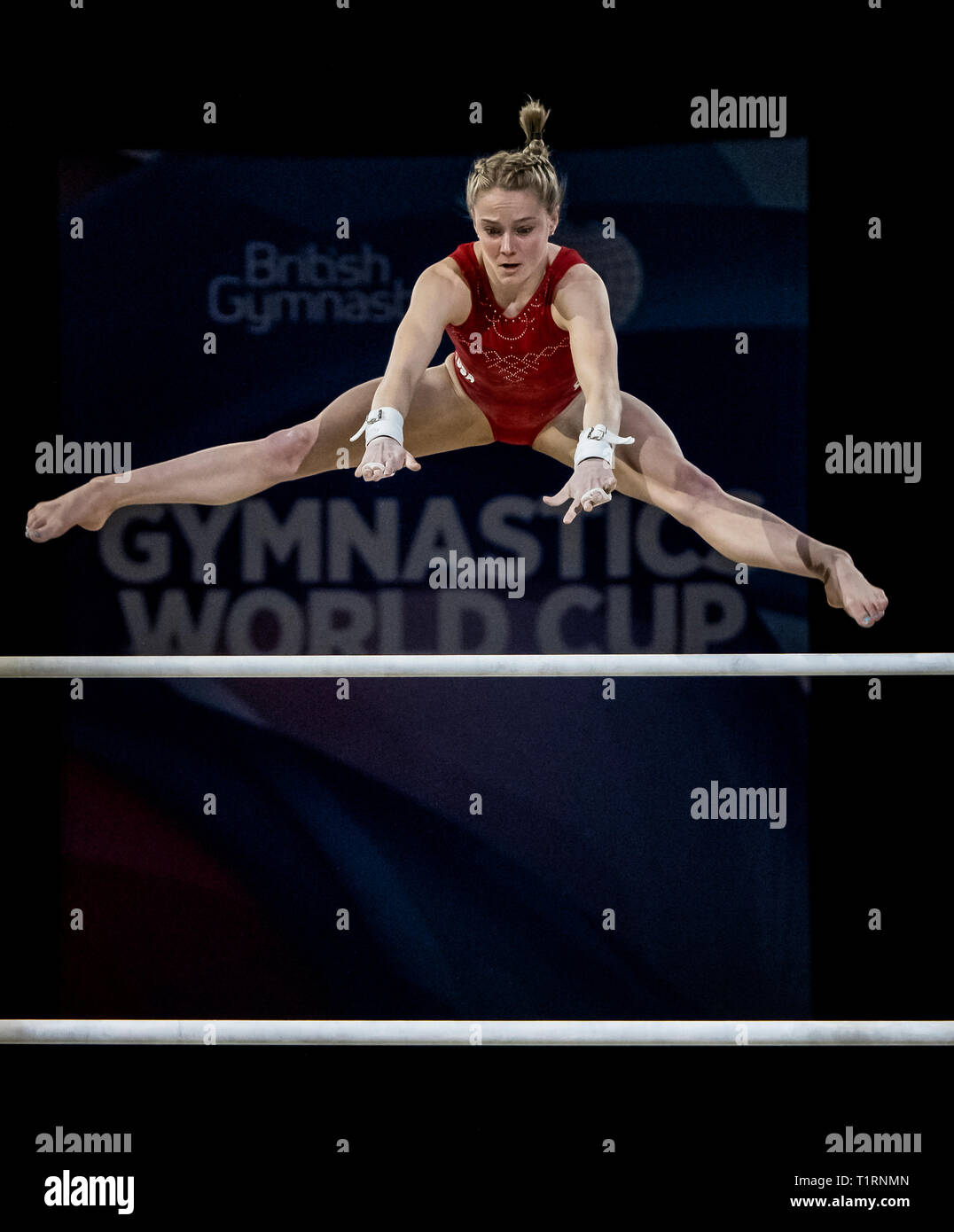 22.03.2019. Resorts World Arena, Birmingham, Angleterre. La Coupe du Monde de Gymnastique 2019 Riley McCusker (USA) au cours de la session de formation des femmes. Banque D'Images