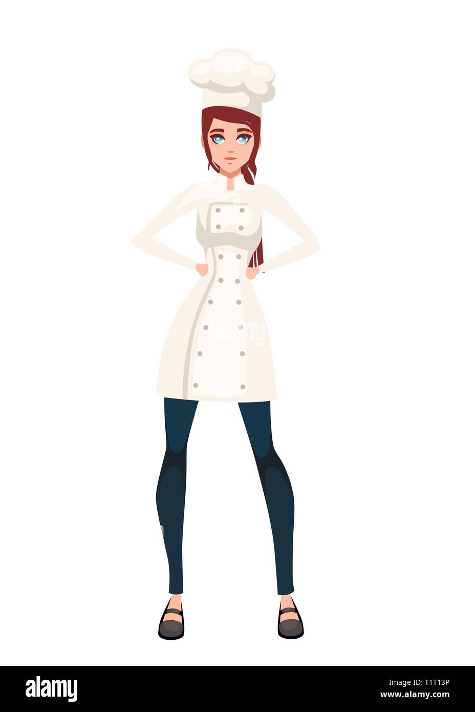 Belles femmes chef avec les cheveux bruns. Jeune femme chef de boulangerie. Cartoon character design. Télévision vector illustration isolé sur fond blanc. Illustration de Vecteur