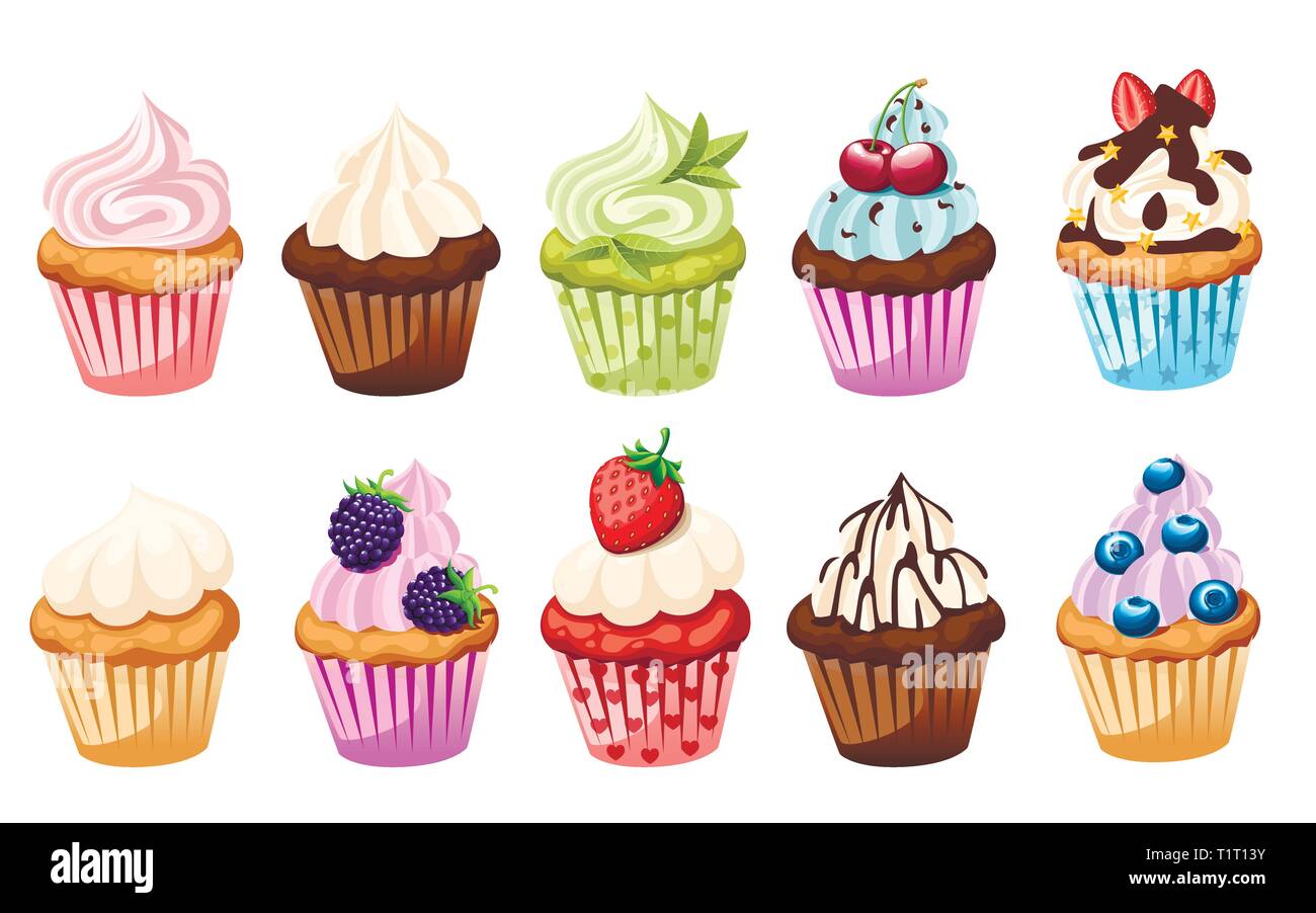 Collection de cupcakes avec différents ingrédients. Jeu de gâteaux sucrés. Coloré dessert. Télévision vector illustration isolé sur fond blanc. Illustration de Vecteur