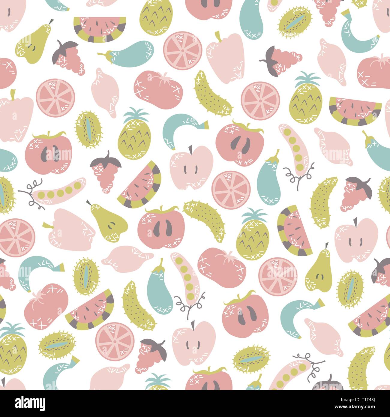 Modèle sans couture. Vegan Télévision, fruits et légumes en cartoon style avec doodles. Végétarien. Vector illustration. Illustration de Vecteur