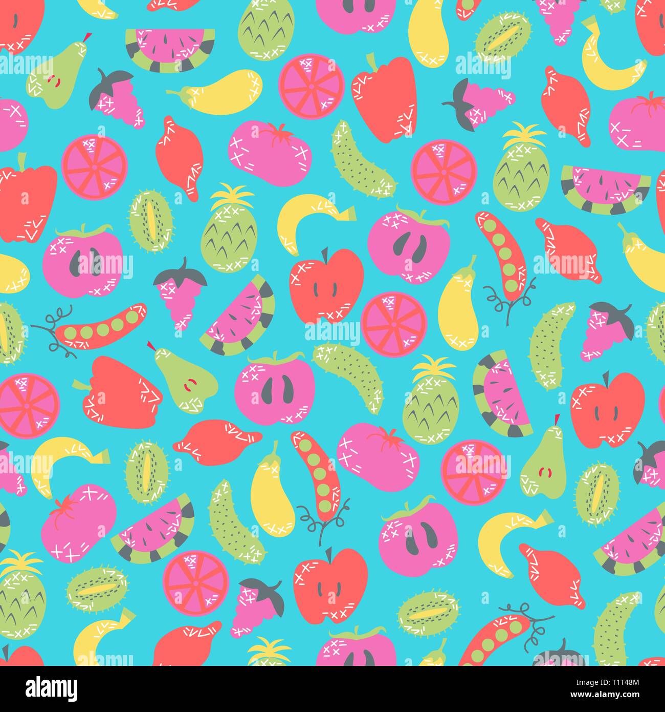 Modèle sans couture. Vegan Télévision, fruits et légumes en cartoon style avec doodles. Végétarien. Vector illustration. Illustration de Vecteur