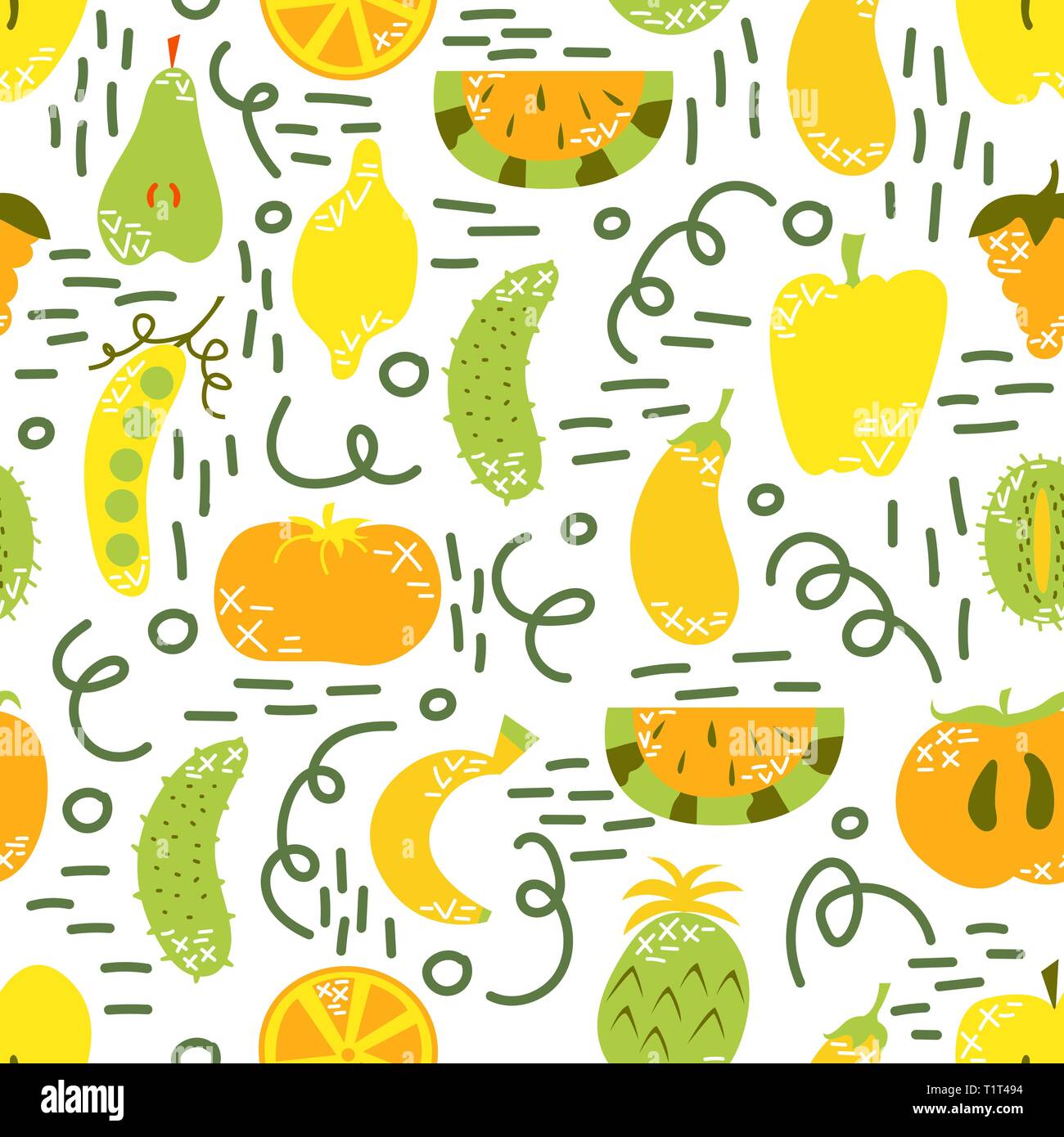 Modèle sans couture. Vegan Télévision, fruits et légumes en cartoon style avec doodles. Végétarien. Vector illustration. Illustration de Vecteur
