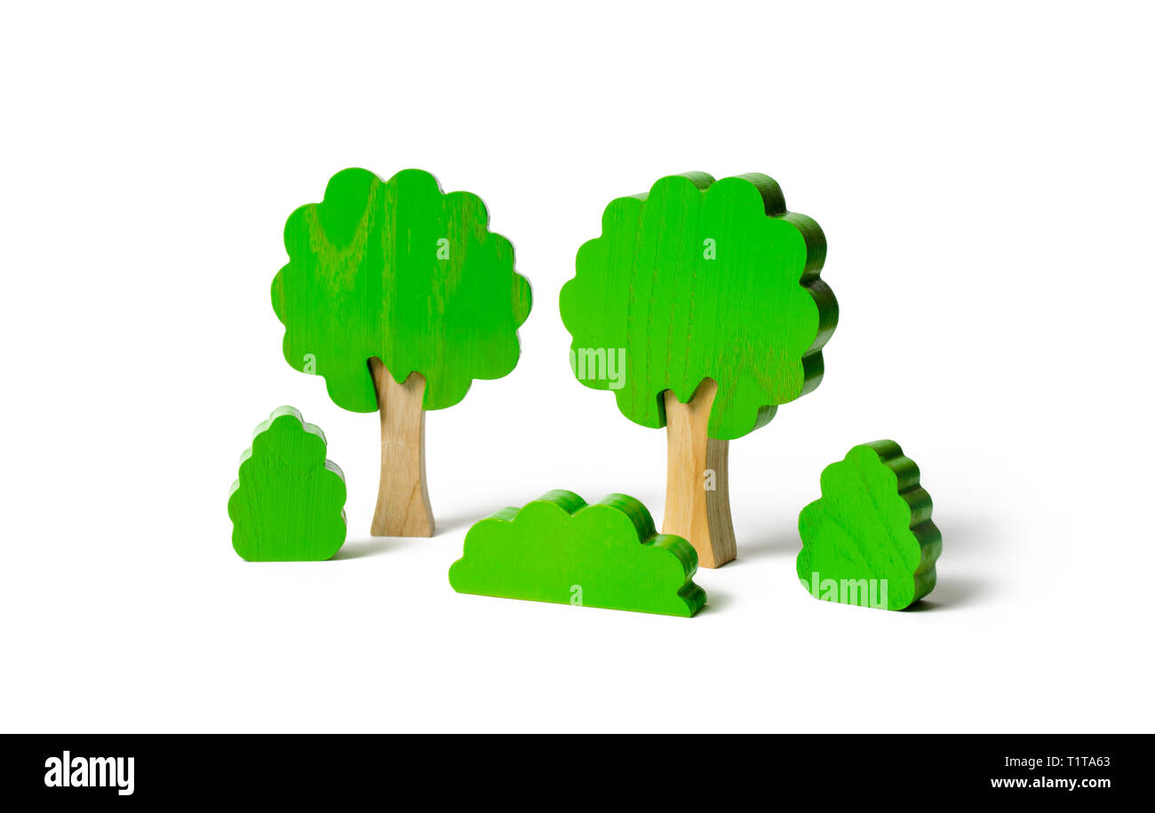 Figures en bois d'arbres et buissons isolés sur un arrière-plan. Le concept des forêts et de la nature. La préservation de l'environnement de l'influence humaine. Ille Banque D'Images