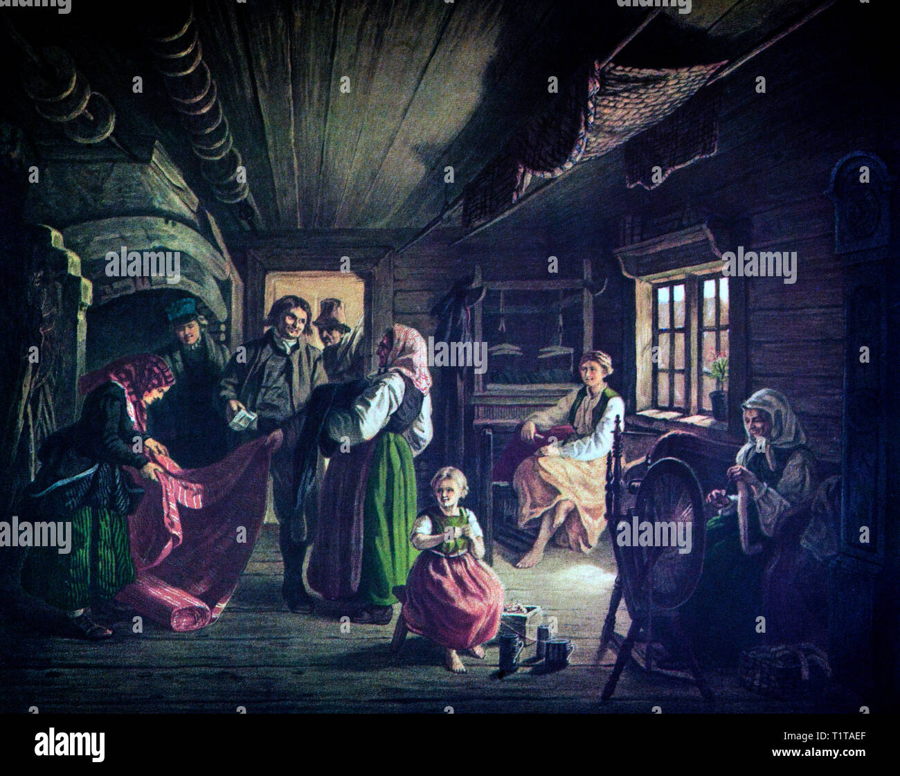 19e siècle le tissage à la main dans un cottage en Västergötland, une province de la Suède situé le long d'un court tronçon de la détroit de Kattegat. Banque D'Images