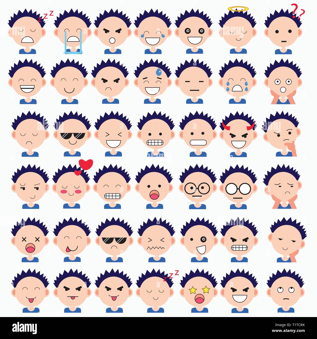 Illustration de cute boy visages montrant différentes émotions. Joie, tristesse, colère, parler, drôles, de peur, de sourire. Illustration isolé sur fond blanc Illustration de Vecteur