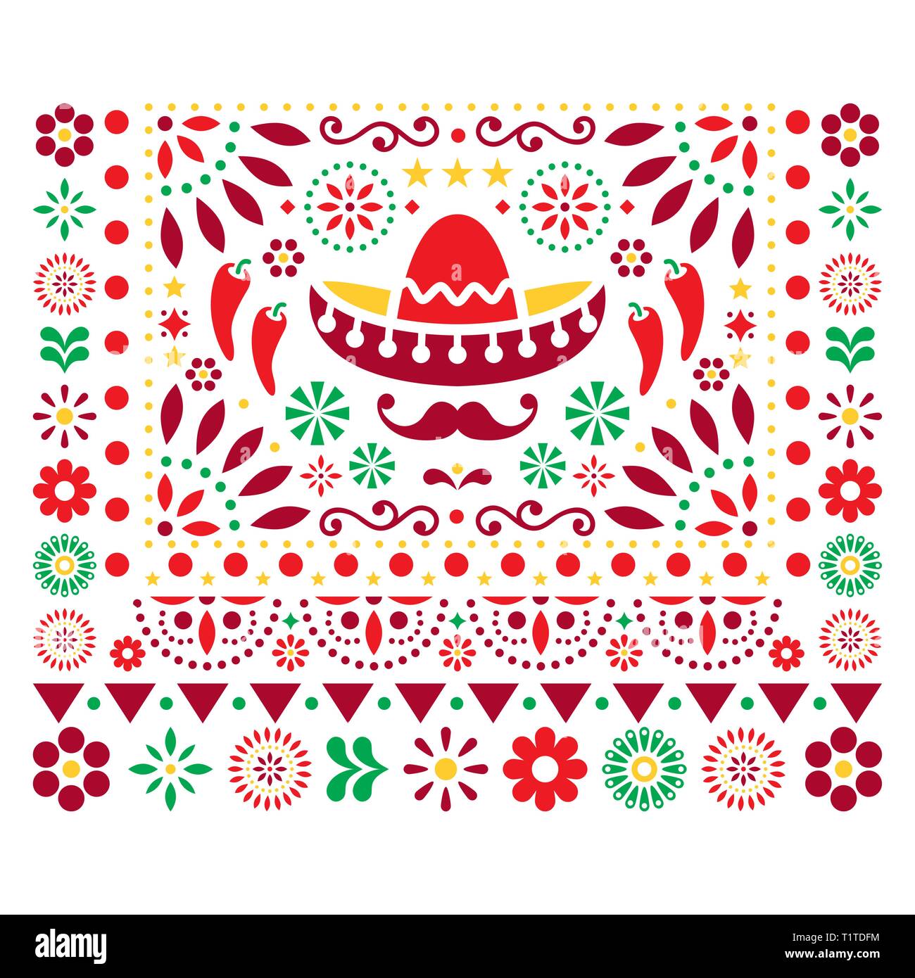 Vector floral design avec mexicain sombrero, des piments et des fleurs, heureux ornement - carte de souhaits sur motif d'invitation Illustration de Vecteur