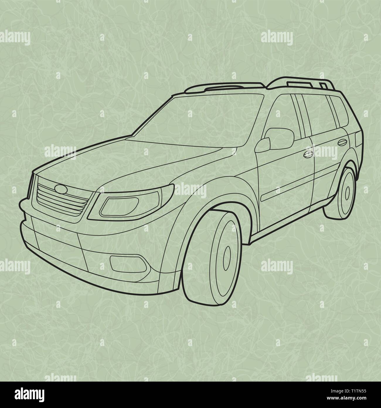 Schéma de SUV générique dans le style d'un manuel de l'automobile une image imprimée sur papier vert de basse qualité de texture. Illustration de Vecteur