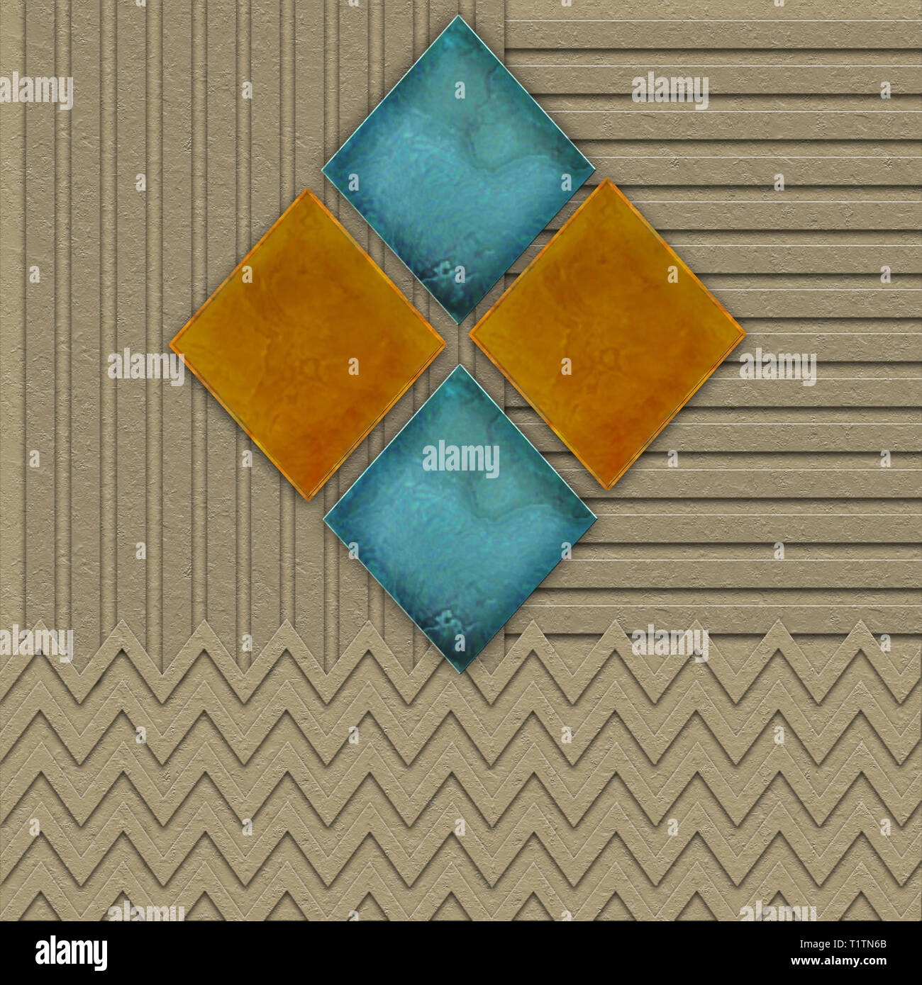 Fond graphique géométrique dans des tons bruns avec des effets de texture. En-comme des losanges en bleu turquoise et orange. Banque D'Images