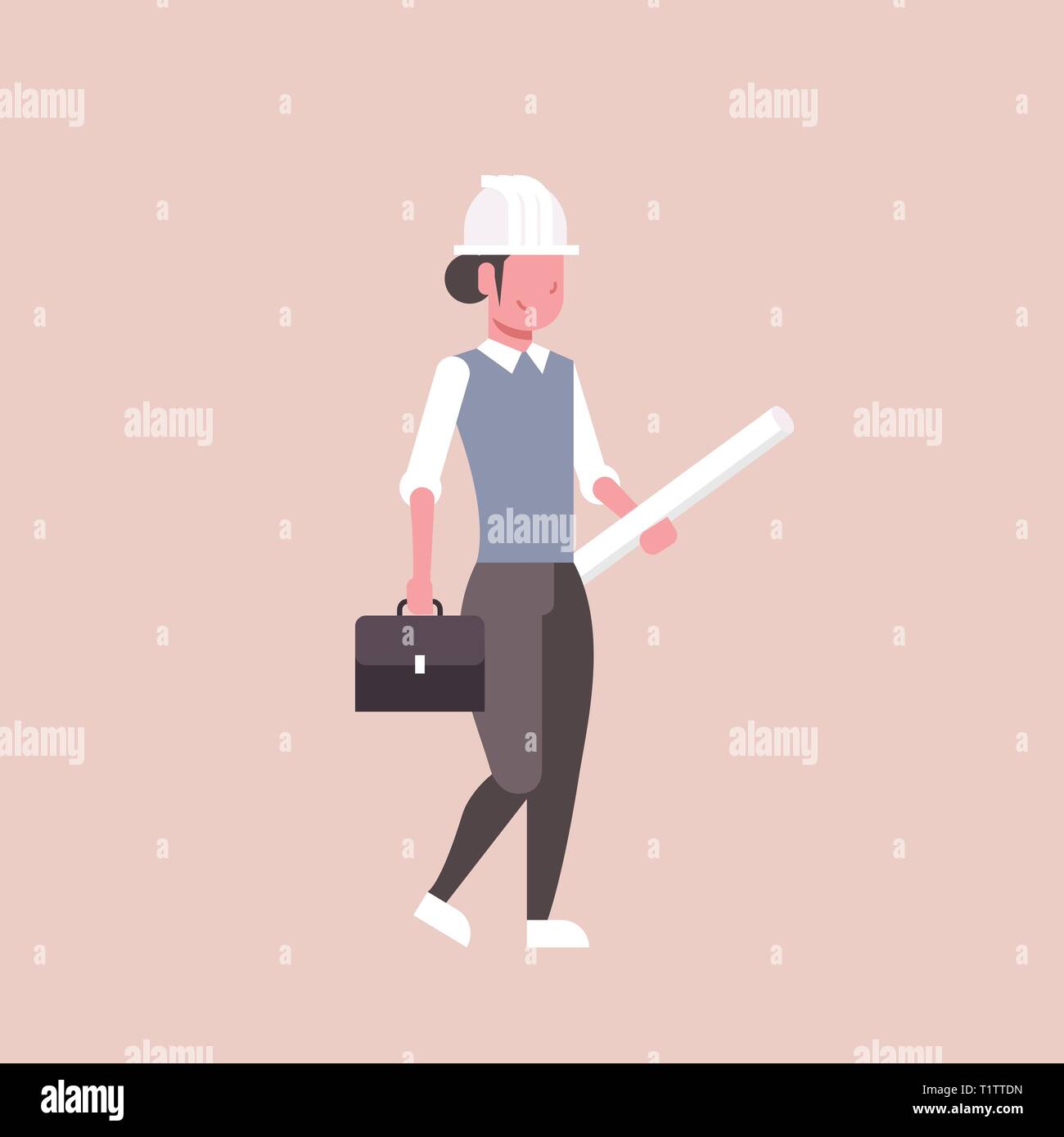 Femme architecte à helmet holding rolled up plans happy female engineer le panoramique de l'industrie de la construction du projet concept occupation professionnelle Illustration de Vecteur