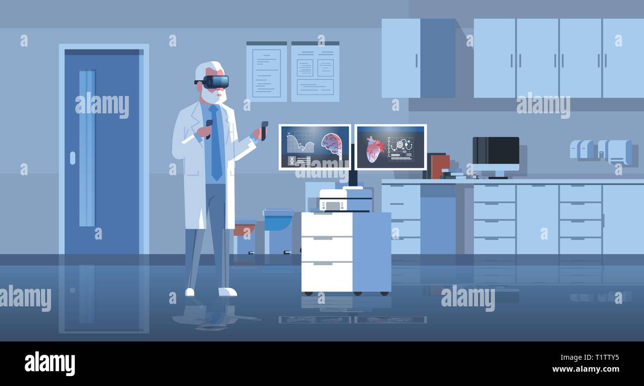 Médecin homme portant des lunettes de réalité virtuelle numérique examen du cœur et du cerveau de l'anatomie des organes humains casque vr médical concept vision bureau hôpital Illustration de Vecteur