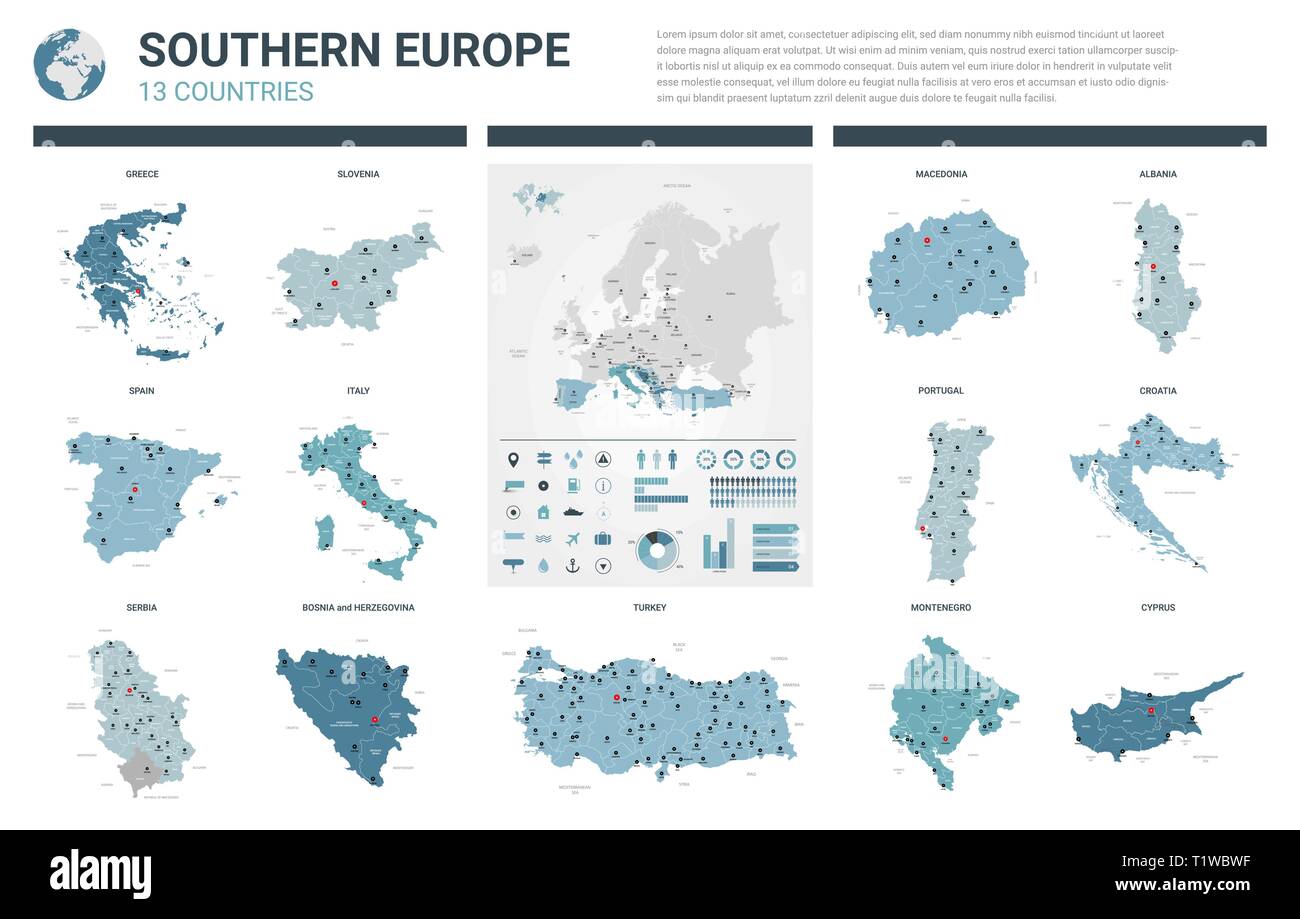 Jeu de cartes vectorielles. 13 cartes détaillées haute du sud de l'Europe pays avec division administrative et les villes. Une carte politique, la carte de l'Europe, continent Illustration de Vecteur