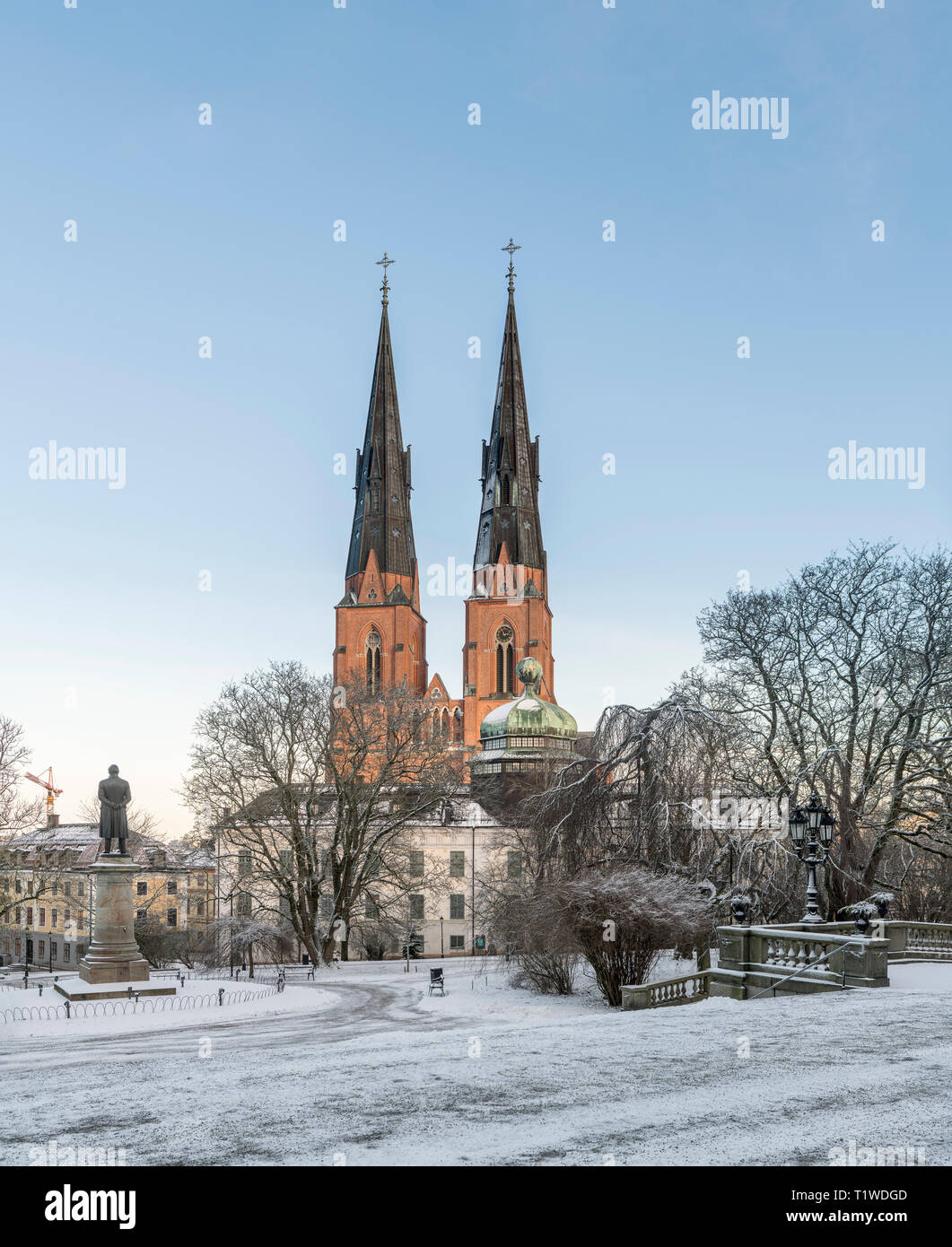 La cathédrale et le Gustavianum, la nuit, l'hiver. Vue depuis le parc de l'université, Uppsala, Suède, Scandinavie Banque D'Images